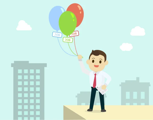 Homme d'affaires tenant ballon coloré avec carte de visite et fond de la ville — Image vectorielle