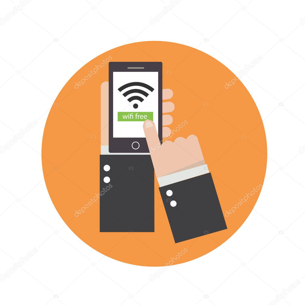 Business hands holding phone with wifi icon on screen and orange