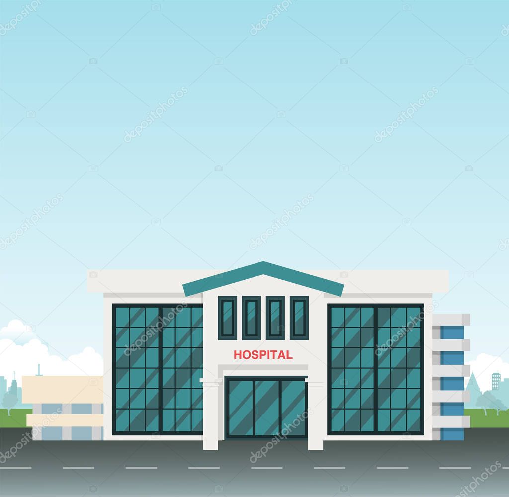 Modern Hospital on main street at city with sky background vector