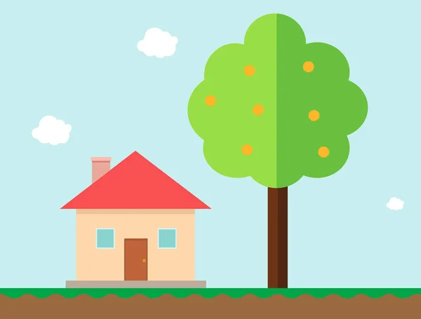 Casa e laranjeira em estilo de jogo vetor ilustration.Country casa com árvore e céu background.Flat vetor home —  Vetores de Stock