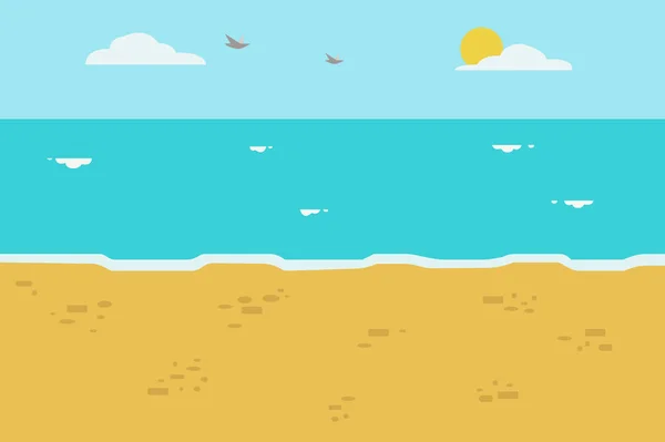 Piękna plaża z fali i niebo tło wektor. Seascape na wakacjach. Zrelaksować się ilustracja wektorowa widok na morze. Płaska plaża z falą. — Wektor stockowy