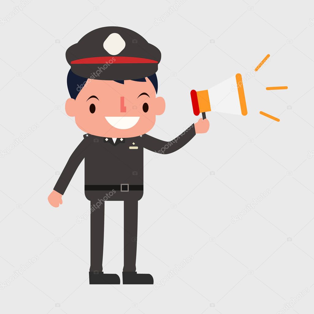 Thai police holding megaphone to announcing vector. Flat cute police character vector.Cop vector