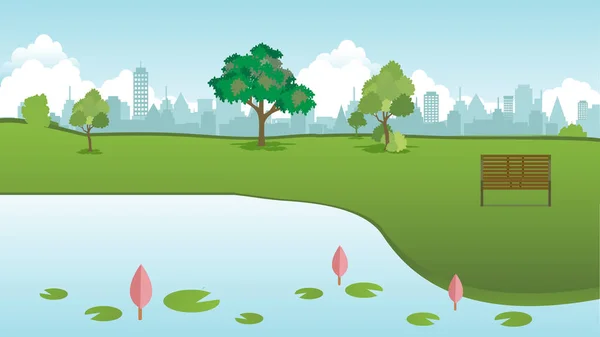 Ahşap tezgah ve lotus Gölü açık vektör ile city genel park. Rahatlamak için yeşil çim ve kasaba arka plan. Güzel bahar manzara doğa ve şehir arka plan