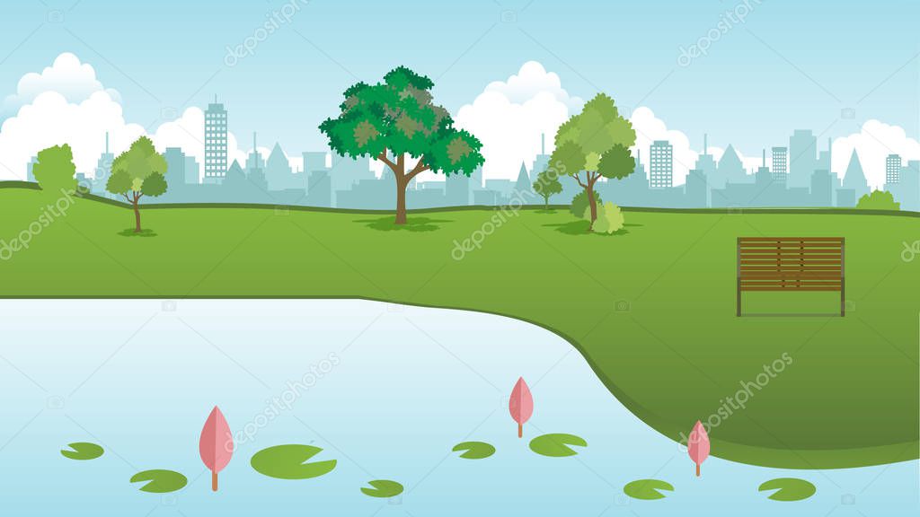 Public park in city with wood bench and lotus lake front vector.Green lawn to relax and town background.Beautiful spring landscape nature and city background