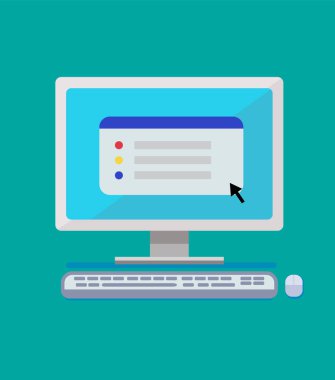 Klavye, fare ve basit bir Web sitesi ile düz bilgisayar tasarımı göstermek ekran vektör çizim üzerinde.