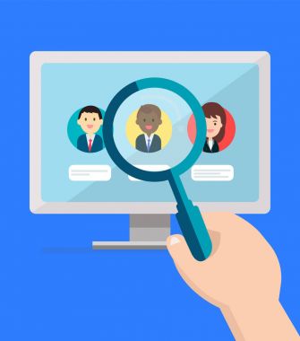 Profil insanlar concept.Computer bir resepsiyon ve el Büyüteç ekran vektör çizim üzerinde kişi arama üzerinde tutarak arama. İnsan kaynakları tarama yeni çalışan office bilgisayardan.