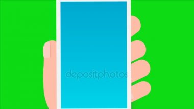Holding cep telefonu ekran hareket üzerinde yeşil arka plan video el tuşuna basarak ver. Düz el ile telefon animasyon.