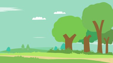 Gökyüzü arkaplanlı karikatür sahnesi. Çayırlı düz doğa manzarası. Vektör illüstrasyonu.