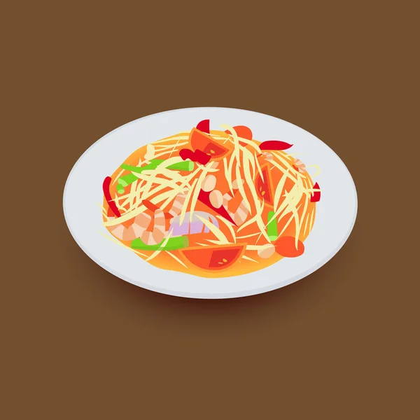 Pepaya Hijau Pedas Salad Som Tum Tradisional Thai Food Vector - Stok Vektor