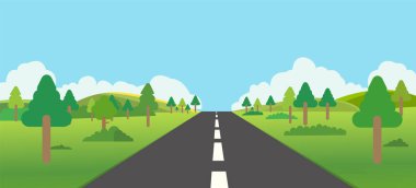 Doğaya giden yol. Tarlası, ormanı, tepeleri, bulutları ve ağaçları olan cadde. Güzel doğa manzarası.