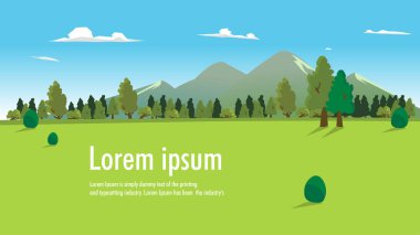 Orman, tepeler, bulutlar ve gökyüzü çizimi olan doğa manzarası. Metnin için doğal arkaplan pankartı şablonu. Güzel çayır manzarası. Dağlı yeşil alan.