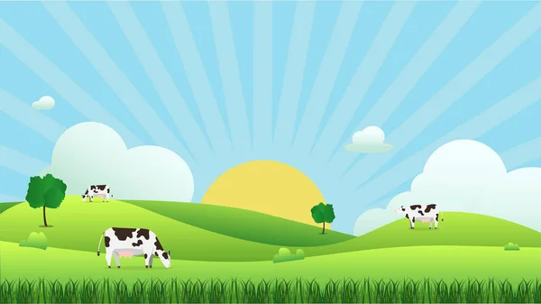 Paisaje Del Prado Con Vaca Comer Hierba Vector Illustration Green — Vector de stock