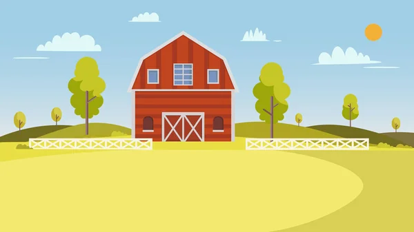 新鮮な農場の風景木 雲と太陽と夏の農場の風景 納屋と農村風景ベクトルイラスト — ストックベクタ