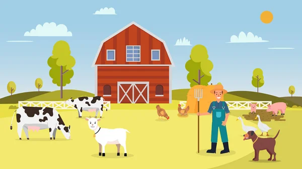 夏には動物と自然農場牛と農場 ガチョウ アヒル 農家や干し草 ファームベクトルのイラストと風景 — ストックベクタ