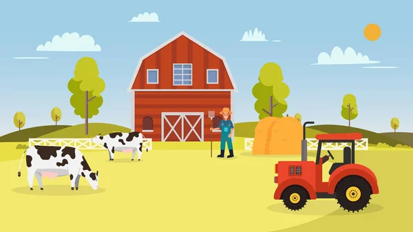 Φάρμα Αγελάδες Τρακτέρ Αχυρώνα Αγρότη Και Hays Τοπίο Εικονογράφηση Φορέα — Διανυσματικό Αρχείο