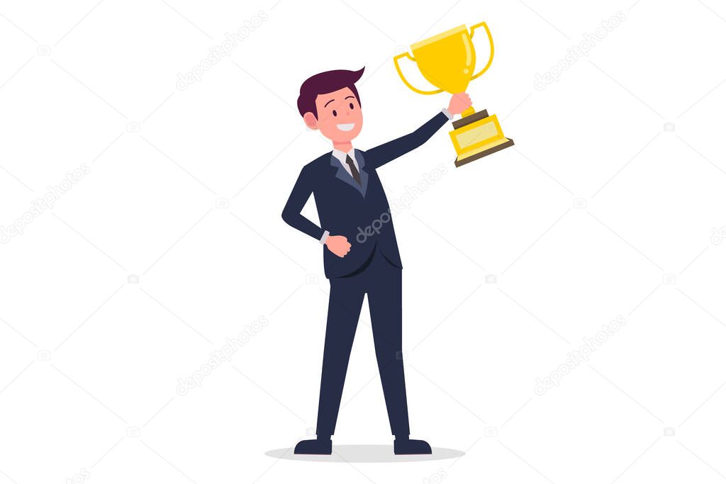 Businessman cartoon holding Golden cup with isolated white background vector.Young business man success concept