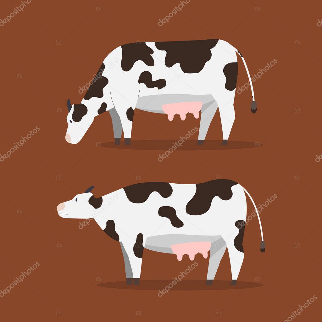 Flat cow vector illustration.Set cute cow with brown background