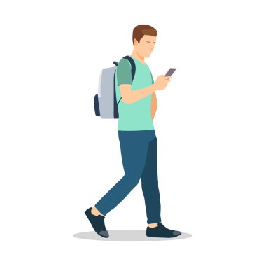 Elinde akıllı telefonla yürüyen genç bir adam. Vektör çizimi. Modern yaşam tarzına sahip düz bir erkek.