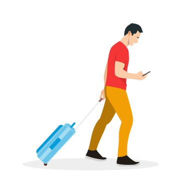 Düz çocuk yürüyüşü vektör çizimi. Tüm vücut adam sürükleme çantası ve akıllı telefon. Mutlu adam seyahate çıkıyor.