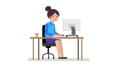 İş kadını çalışmaktan yorgun hissediyor. Stres altında çalışan genç bir kadın. Ofis masasında dizüstü bilgisayarda çalışan bir iş kadını.