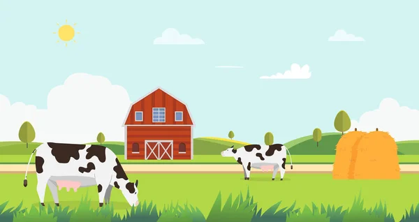 農場と牛を食べる草ベクトルのイラストを持つ牧草地の風景牛と干し草のある農場農場と風景夏の自然農場 — ストックベクタ