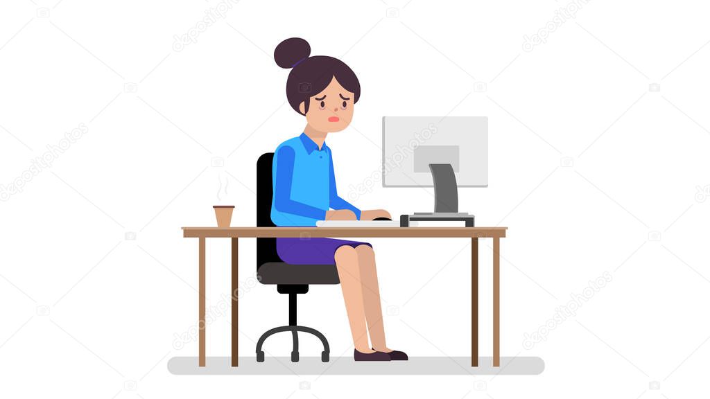 Business Woman feeling tired working.Young woman suffering stress working.Cartoon Business woman working on laptop at her office desk.Vector illustration