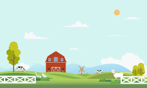 Paisaje Granja Con Animales Paisaje Granja Verano Con Árboles Nubes — Vector de stock