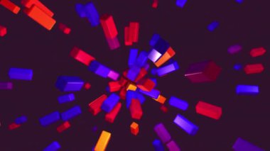 Merkezden soyut renkli küp patlar. Hareketli grafik renk şekli elementi. 3 boyutlu şekil hareketini döndür