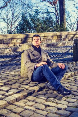 Genç yakışıklı Amerikalı adam rahatlatıcı kış yılında New York'ta Park