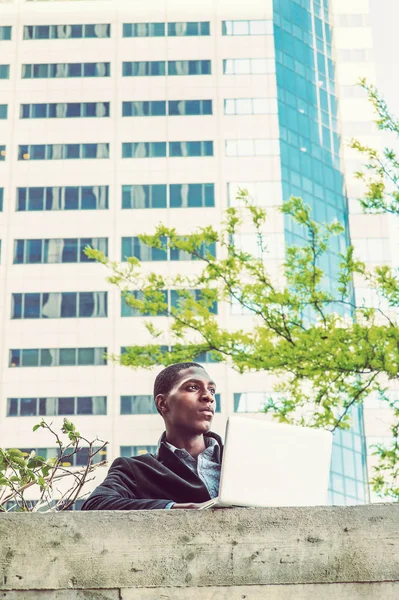 Eğitim, lapt üzerinde çalışan genç Afro-Amerikan üniversite öğrencisi