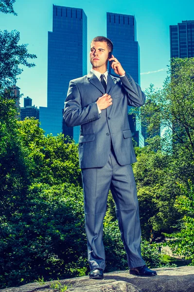 Joven hombre de negocios americano hablando por teléfono celular, viajando, wor — Foto de Stock