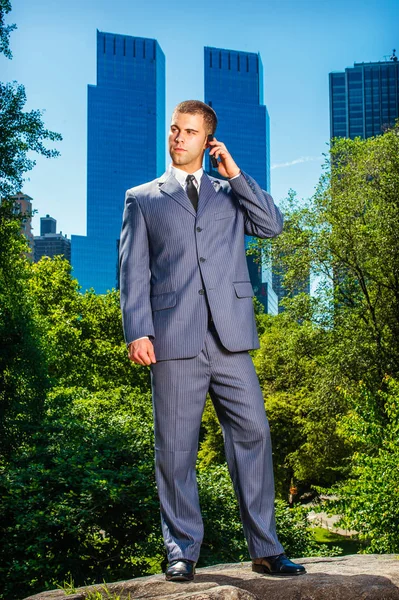 Joven hombre de negocios americano hablando por teléfono celular, viajando, wor — Foto de Stock