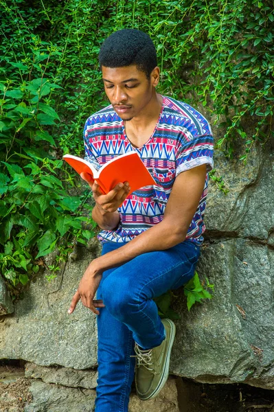 Young African American Man reading book, traveling, relaxing at