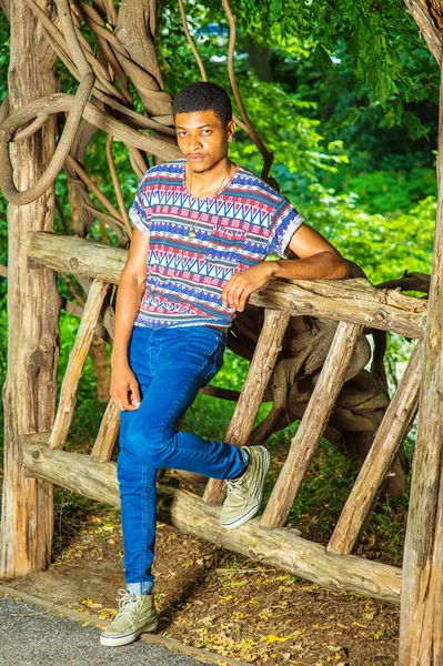 Jonge African American Man reizen, ontspannen in Central Park, — Stockfoto