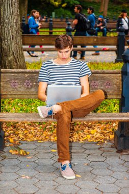 Genç Central Park, New York, dizüstü bilgisayarda çalışan adam