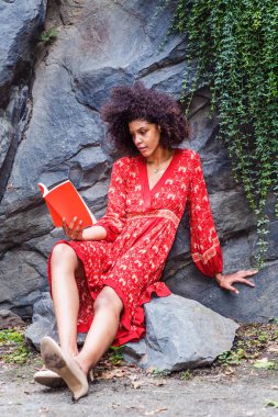 Genç melez Afro kıvırcık saçlı, kıvırcık saçlı, New York, Central Park 'ta kırmızı kitap okuyan, kırmızı çiçekli desenli elbisesi olan, yüksek topuklu,