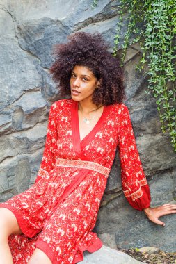 Afro uzun kıvırcık saçlı, kırmızı çiçek desenli elbisesi olan, yeşil yapraklı kayalara yaslanmış yeşil yapraklı genç Afrikalı Amerikalı kız Central Park, New York 'ta sana bakıyor, rahatlıyor.