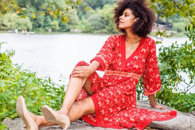 Genç, kıvırcık saçlı, Afro saçlı, kıvırcık saçlı, New York Central Park 'ta dinlenen kırmızı desenli elbise giyen, yüksek topuklu ayakkabılı, gölün kenarındaki kayalarda hareketsiz duran,