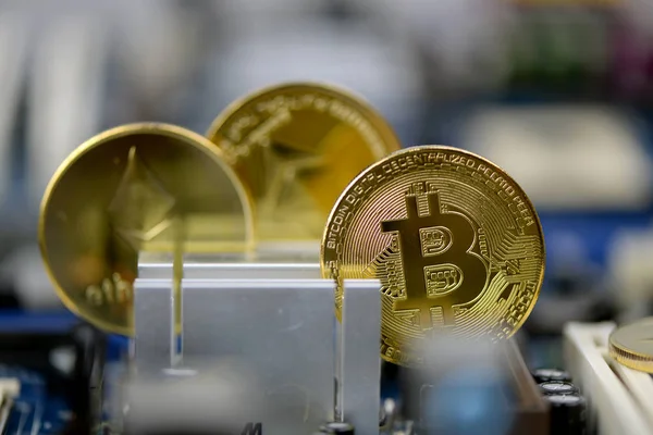 Golden Cryptocurrency coins on computer circuit board, selective focus