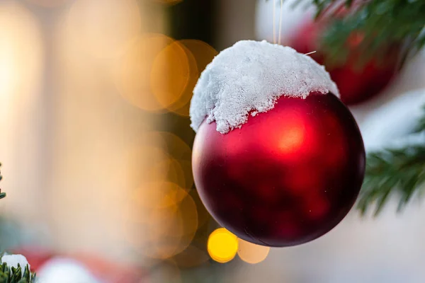 Decoraciones coloridas en ramas de árboles de Navidad cubiertas de nieve —  Fotos de Stock