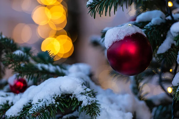 Decoraciones coloridas en las ramas cubiertas de nieve del árbol de Navidad. Fondo desenfocado con luces de Navidad —  Fotos de Stock