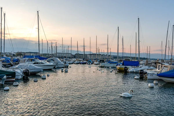 Geneva, Switzerland - April 14, 2019: View of Geneva City and Lake Geneva Port after sunset — Stock Photo, Image