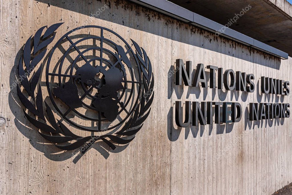 Geneva, Switzerland - April 15, 2019: United Nations sign located outside the United Nations Office in Geneva - image