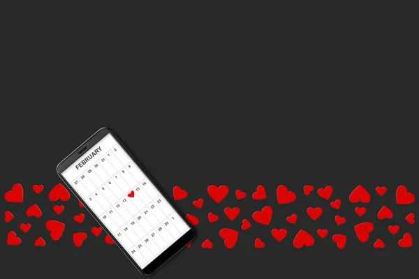 Conceito de dia dos namorados, no fundo escuro corações de papel vermelho isolados e smartphone com calendário na tela — Fotografia de Stock