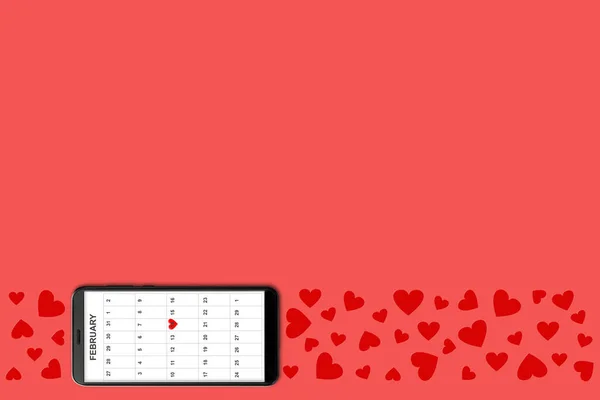 Valentine day concept, on pink background isolated red paper hearts and smartphone with calendar on screen — Stockfoto