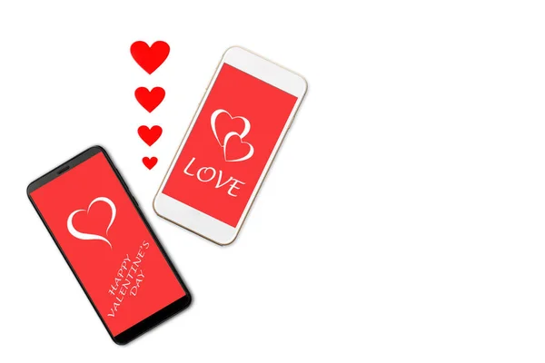 Valentin nap koncepció, szerelem üzenet - szív repül ki okostelefon, Elszigetelt fehér háttér, köszöntés okostelefon képernyőn — Stock Fotó