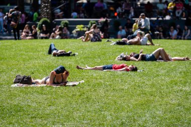 New York, Usa - 23 Haziran 2019: Sıcak bir yaz gününde, insanlar şehir merkezindeki bir parkta güneşleniyor.