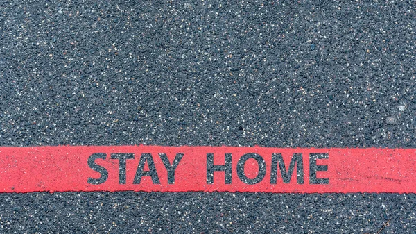 Top View Asphalt Road Red Line Text Stay Home Restriction — Stock Photo, Image