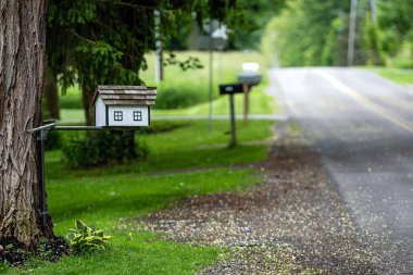 Geleneksel Amerikan ahşap posta kutusu. Penfield, New York 'ta köy yolunun kenarında bir kulübeye benziyor.