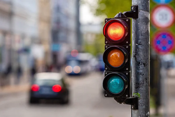 Przejście Przez Miasto Semaforem Czerwone Światło Semaforze Koncepcja Kontroli Regulacji — Zdjęcie stockowe